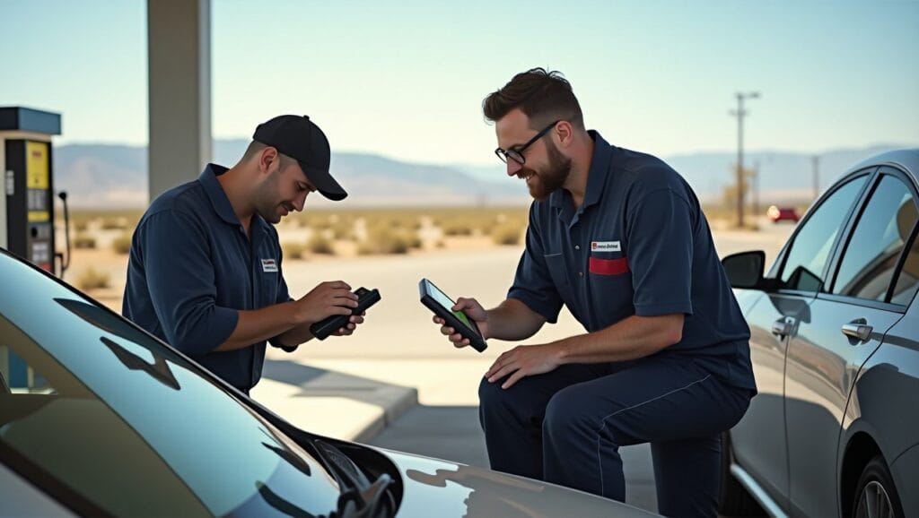 "A mobile mechanic fixing a car at a gas station in Reno, NV, under the bright sun. The mechanic is performing diagnostics with a scan tool, and a relaxed customer stands nearby, looking relieved.