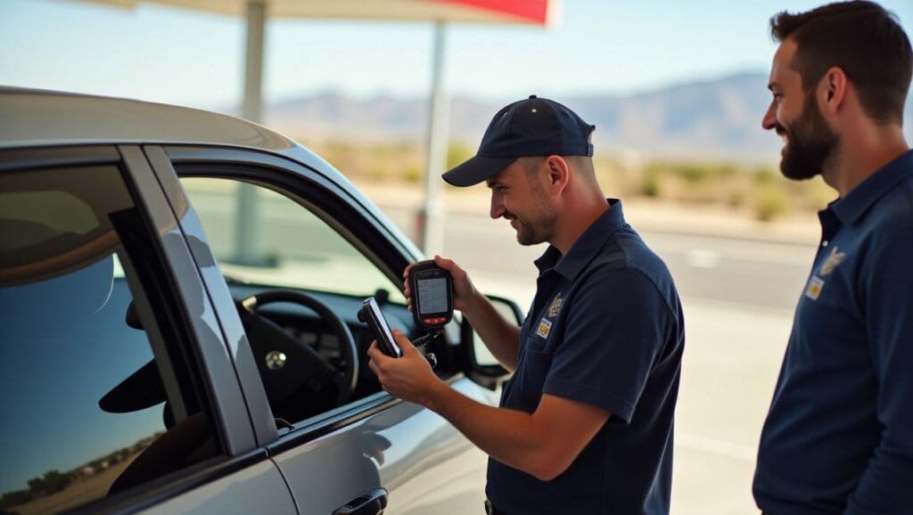 d. The background shows desert terrain and distant mountains, with the gas station visible. The scene should highlight the convenience of on-the-spot repairs and a sense of trust and professionalism.