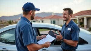 Mobile mechanic in Reno explaining warranty terms to a customer at their driveway.