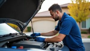 Certified mobile mechanic performing brake pad replacement on a car parked outside a home in Reno, NV
