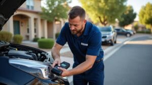 Mobile mechanic in Reno diagnosing a check engine light issue with a scan tool in a residential driveway